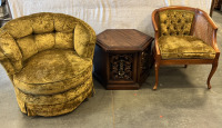 Round Green Swivel Chair, Side Table and Wood Green Chair