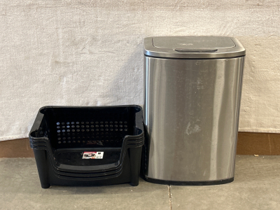 Stainless Steel Trash Can and (3) Stackable Organizers