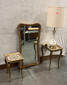 Lamp, Mirror, and 2 Metal Like Stands