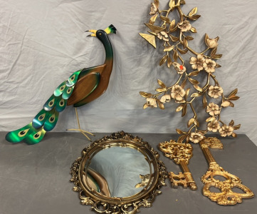 Gold Mirror, Gold Keys, Gold Flower Piece and Metal/ Wood Peacock