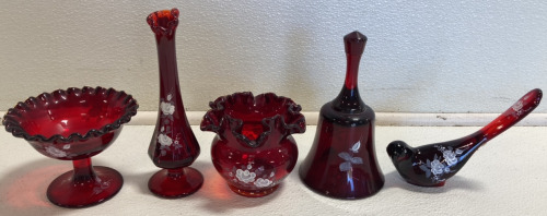 (5) Assorted Fenton “Roses on Ruby” Glass Collection