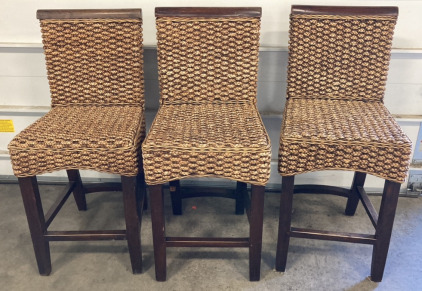 (3) Wood and Wicker Bar Chairs