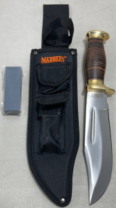 (1) Marbles 7&rdquo; Leather And Brass Handled Fixed Blade Knife W/ Sheath And Sharpening Stone