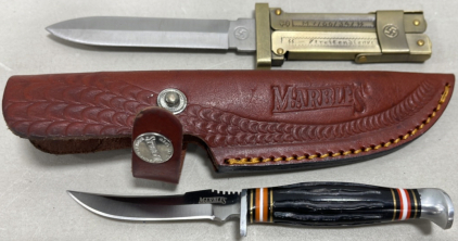 (1) Marbles 3&rdquo; Black Handled Fixed Blade Knife W/ Sheath, (1) German Paratroopers Scissor Action Knife W/ German Inscriptions On The Blade And Scales