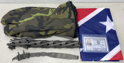 (1) Pair Camouflage Shooters Mittens, (1) WWII German M34/42 8mm Machine Gun Ammo Belt W/ Starter Tab, (1) 5’x 3’ Confederate Flag, (1) Norma Jean DiMaggio 1954 Department Of Defense ID Card