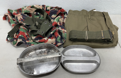 (1) 1944 US Leyse Mess Kit WWII, (1) Pair Men’s Military Pants Size 36, (1) Military Belt, (1) Camouflage Rucksac