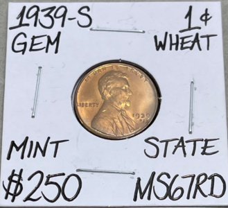 (1) 1939-S 1 Cent Wheat Penny MS67RD (Carded)