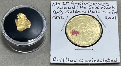 (1) Alaska/Klondike Natural Gold Nugget + 125th Anniversary Klondike Golden Dollar Canadian Coin 1896-2021 (BU)