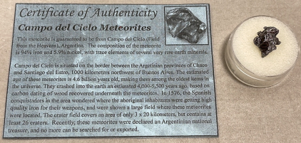 (1) 3.34 Grams Meteorite Space Rock W/ COA From Campo Del Cielo, Argentina