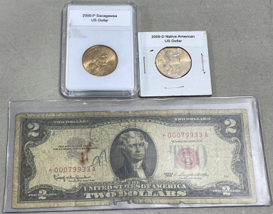 (1) 1963 $2 Bill, (1) 2000-P Sacagawea US Dollar, (1) 2009-D Sacagawea US Dollar