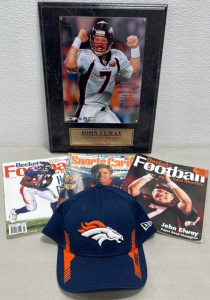 (1) John Elway Retirement Placard 1999 Limited Addition, (1) Denver Broncos Large Men&rsquo;s New Era Hat, (3) Sports Magazines