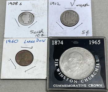 (1) 1908-S Barber Silver Dime, (1) 1912 Liberty Head Nickle, (1) 1974-1965 Sir Winston Churchill Commemorative Coin, (1) 1960 Penny