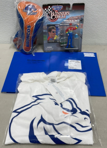 (1) Starting Lineup Winners Circle Jeff Gordon Action Figure, (1) Boise Broncos Medium T-Shirt, (2) Small Card Collecions In Blue Binders