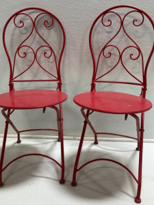 (2) Small Red Metal Chairs