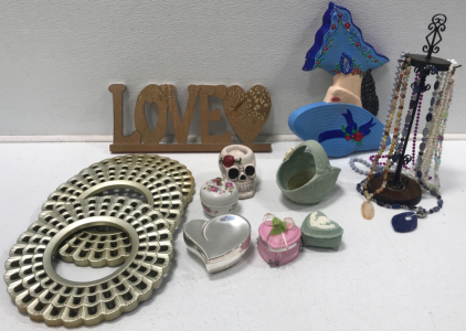 (3) Round Frames, (3) Small Jewerly Boxes, Costume Necklaces And More