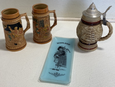 (3) Vintage Beer Steins, (1) Scotland Glass Tray