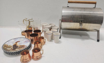 Small BBQ, (4) Small Rooster Plates, (7) Small Brass Cups, Other Assorted Drinking Cups