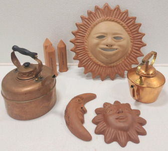 (2) Brass Tea Kettle, Wine Bottle Plant Nannys, Sun And Moon Lawn Decor
