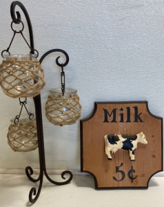 3-Candle Holder/Stand, Milk Cow Wood Plaque