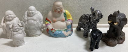 (4) Buddha Figurines, (3) Elephant Figurines