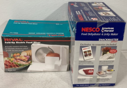 (1) Rival Fold-Up Electric Food Slicer, (1) Nesco Food Dehydrator And Jerky Maker