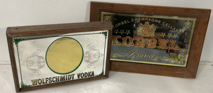 (2) Champagne/Vodka Mirrors With Wooden Frames (WolfSchmidt And Korbel)