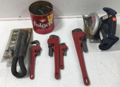 (4) K Tool International Pipe Wrenches, Ryobi Circular Saw 18.0V, (1) Snakelight Flexible Flashlight With Batteries