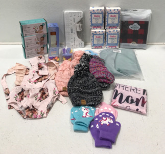 Baby Girl Outfit, Toddler Beanies, Toddler Gloves, (3) Toddler Training Cups, (4) Mosquito Nets For Stroller, (2) Teething Toys, Baby Bottle And More