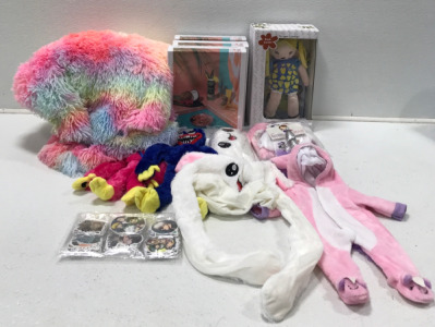 Doll, (3) Puzzles, Large Hooded Blanlet, Unicorn Doll Outfits, (2) Hats, (2) Plush Toys And More