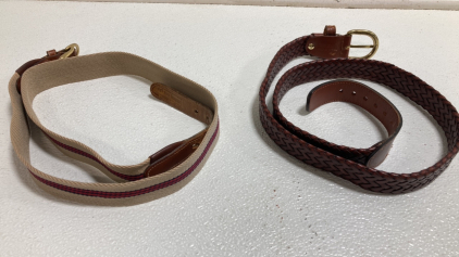 (1) Tan Striped Belt, (1) Brown Leather Belt