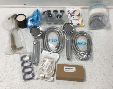 (2) Shower Heads, (1) Black Candel, (1) Set Of Softball Hair Clips, (1) Shower Door Hooks And More