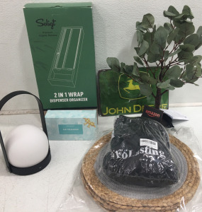 (1) Carrie Table Lamp (1) Bamboo Wrap Dispenser (1) John Deere Metal sign & Lots More!!!!