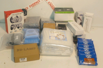 (1) Nintendo Wii Gameset For Controller (4) Multi Purpose Spray Bottles (1) Star Wars 3D lamp (1) Lightbulb Security Camera and More!!