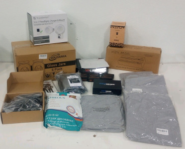 (1) Wasserstein 3 in 1 Floodlight Charger and mount (6) Folding Table Table Clothes (6) Febsmart Mining Ethernet cables (1) Flower 3D Lamp And More!!