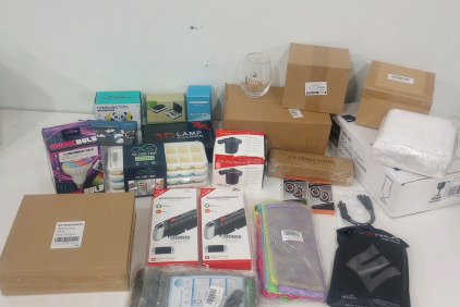 (1) 3D Illusion Lamp (2) Moko Accessories Kits for N-S OLED (6) Gold Rimmed "Groom" Cocktail Glasses (1) Bytech Multi Color Music Bulb And More!!