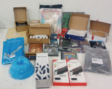 (25) 6' Braided Lightning Charger For Apple Products (2) 3D Illusion Lamp (4) 512MB Memory Card (1) The Next Tetris PC Game (1) Glass Tumbler Water Bottle (18) Under counter Mount Kitchen Lights And Much More!!