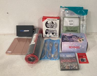 (1) CowMiner Bit Coin Miner Card, (1) Nintendo Switch 2-1 Game Set, (1) Bag Of 3 Braided IPhone Lightning Chargers, (1)Roywell Fairy Night Light, (1) 512GB Memory Card And More