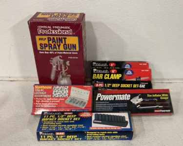 (1) Central Pnuematic Professional Paint Spray Gun, (1) Storehouse 150Pc Locknut Assortment, (2) Pittsburgh 6&rsquo;&rsquo; Bar Clamp, (1) Pittsburgh 9Pc 1/2&rsquo;&rsquo; Deep Socket Set, (1) Powermate Tire Inflator With Gauge, (1) Pittsburgh 11Pc 1/2&rsquo;&rsquo; Deep Impact Socket Set