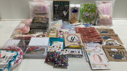 Assorted Party Supplies: Balloons, Backdrops, Cake Toppers, Invitations and more