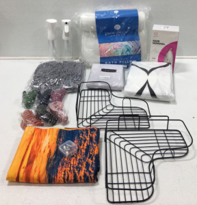 (2) Shower Curtains, Tapestry, Shower Caddy, (2) Spray Bottles, Spa Pillow, Hair Removal, Hair Clips And More