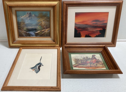 (4) Framed Wall Art: Mountain Painting, Sunset Picture, Bird Print, Pheasant Print