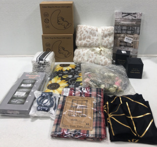 (2) Solar Dog Moon Lights, Throw Blanket, (2) Scented Candles, Pillow Cases And More