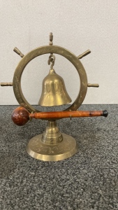 8” Brass Bell Stand w/Wood Hammer