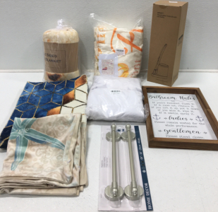 Throw Blanket, Toilet Brusg, Towel Racks, Pillow Cases, Area Rug, Wall Sign
