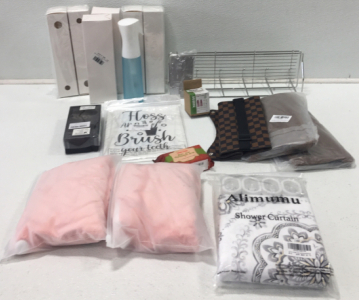 Shower Curtain (7) Spray Bottles, Shower Caddy, Bar Soap And More