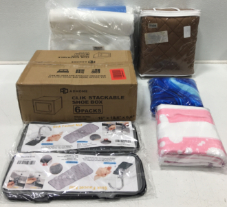 Stackable Shoe Storage, (2) Sink Faucey Mats, (2) Spa Pillowa, (2) Throw Blankets, Quilt.