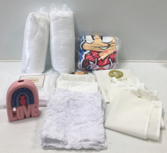 (2) Pillows, Throw Blanket, White Pillow Cases, Throw Pillow Covers, Laundry Mess Bags And More
