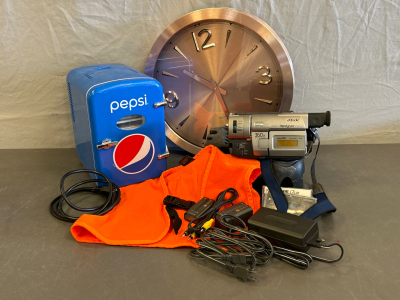 Pepsi Mini Fridge, Clock, Sony Video Camera with Charger and Cables, Cabela's Size Small Vest and More