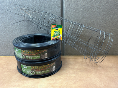 (2) Rolls of 20&rsquo; Pro Garden Edge, Packet of Miracle Grow Shake &lsquo;n Feed, and Galvanized Plant Supports