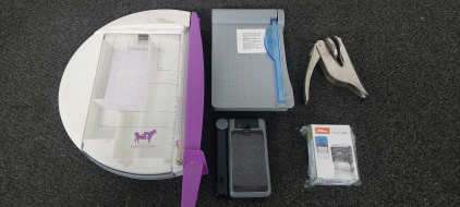 Purple Cows Paper Cutter - Mini Cutter - Ideal Model Metal Stamper - Shiny Brand Handheld Stamp Push Printer and a Bausch & Lomb Handheld Magnifying glass